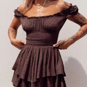 Princess Polly Brown Love Galore Off The Shoulder Layered Smocked Romper 4US